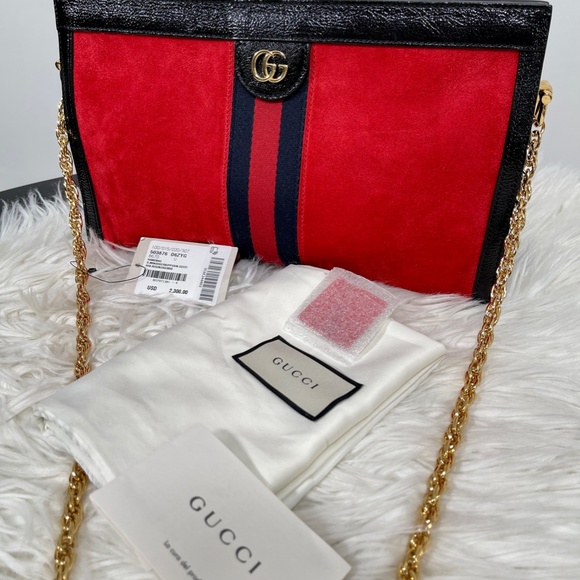 Gucci Ophidia Red Suede Chain Shoulder Bag - Picture 6 of 14